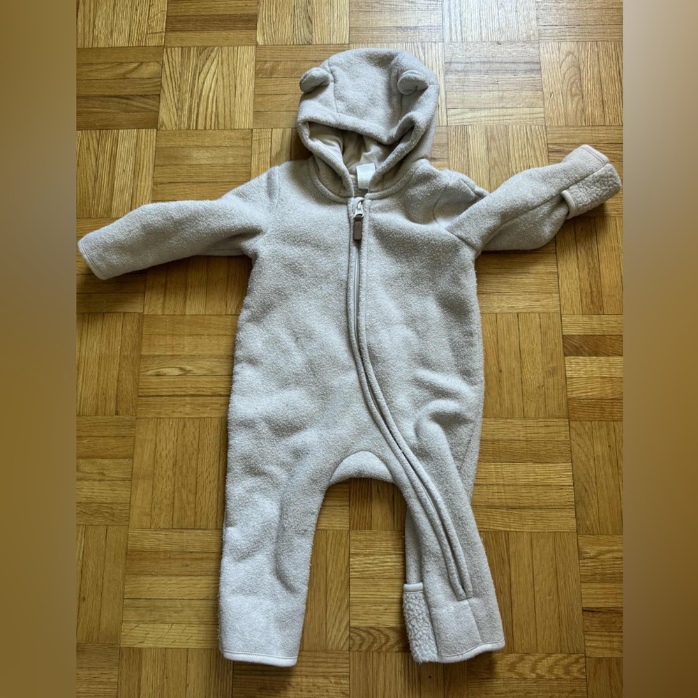 H&M Cozy Fleece Cream Hooded Baby Onesie